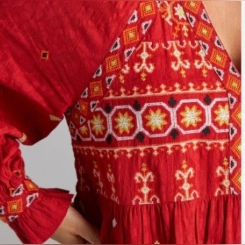 ANTHROPOLOGIE Niamh Red Multi Embroidered Mini Dress Tunic Boho Aztec Chic Sz XS - Picture 3 of 14